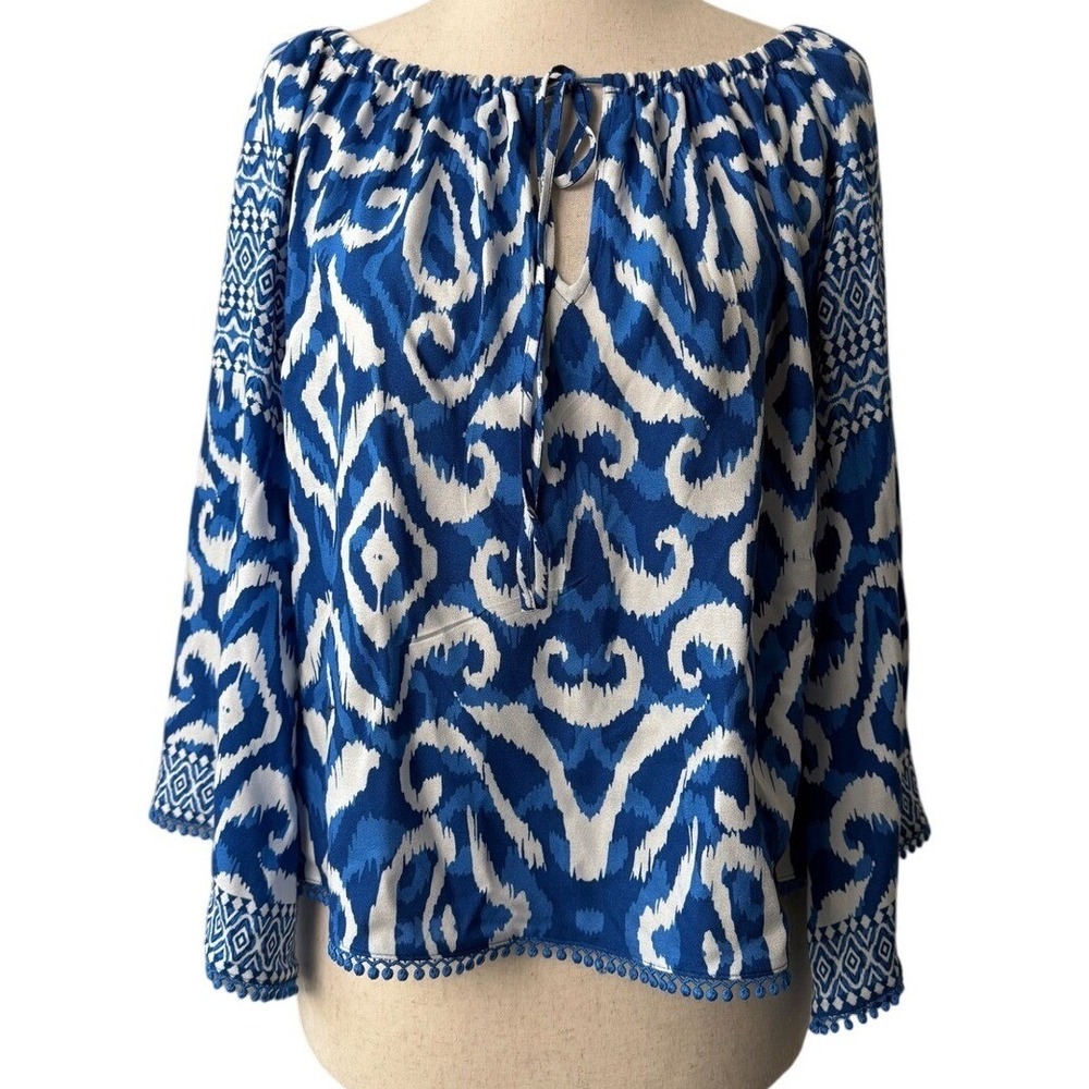Alice + Olivia Women's Silk Blue White Print Off Shoulder Long Sleeve Blouse Top
